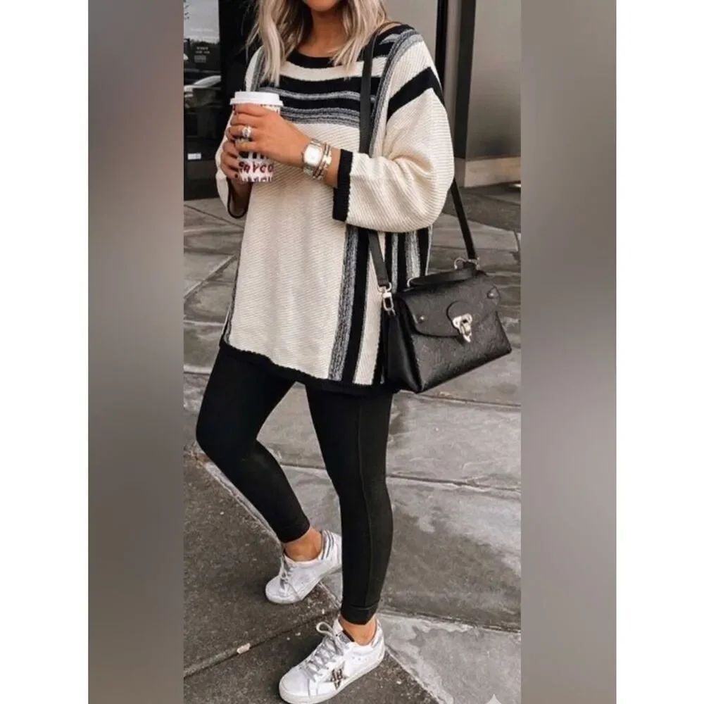 CHAPS Bold Graphic Knit Sweater Black Cream Boxy Striped Pullover L Oversized